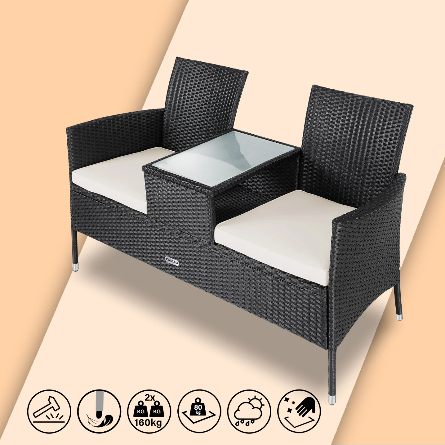 Polyrattan Kino Bank Schwarz 143x55x88cm 9 Polyrattan Kino Bank Schwarz 143x55x88cm – Bild 7