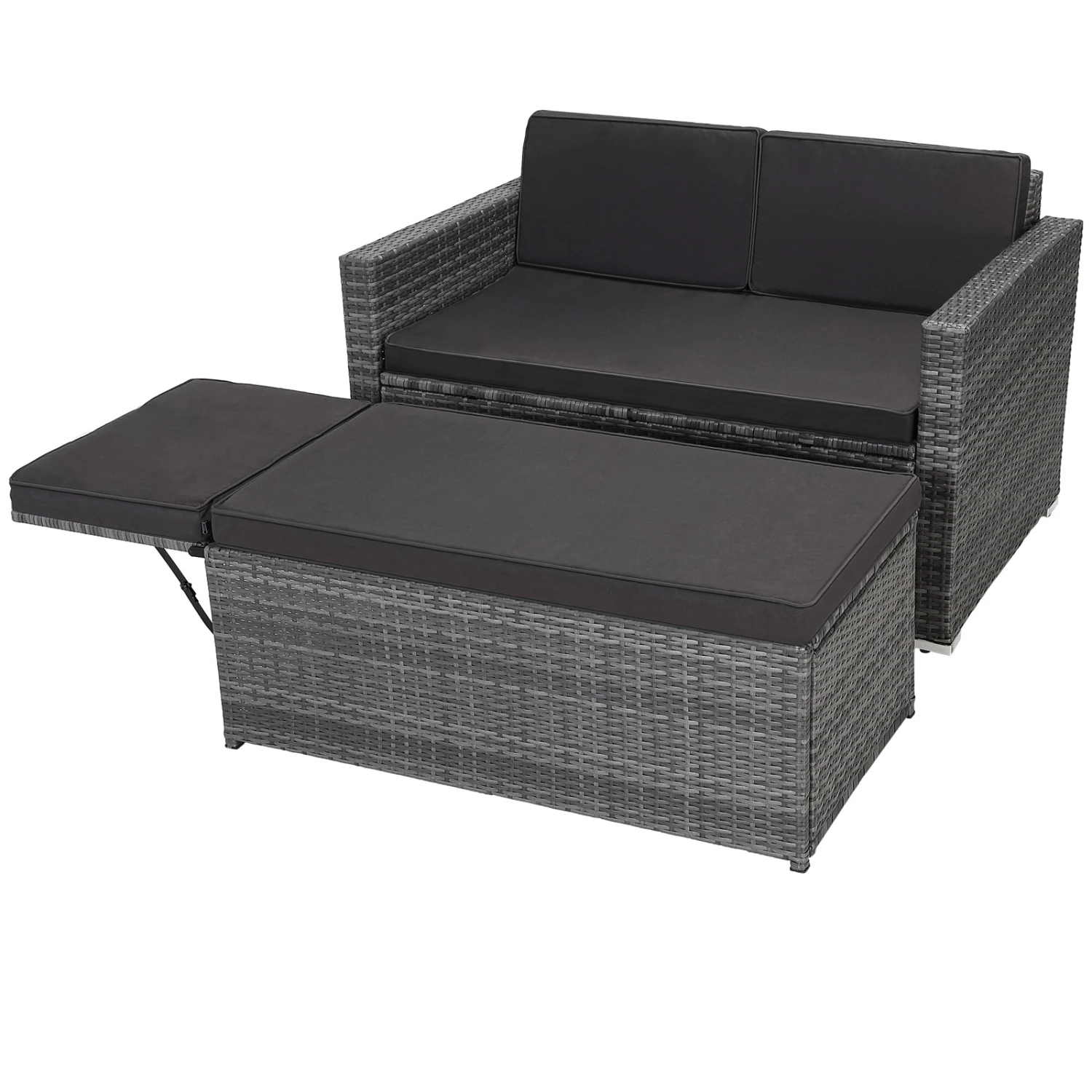 Polyrattan Zweisitzer-Sofa Grau Mit Ottomane 3 Polyrattan Zweisitzer-Sofa Grau Mit Ottomane