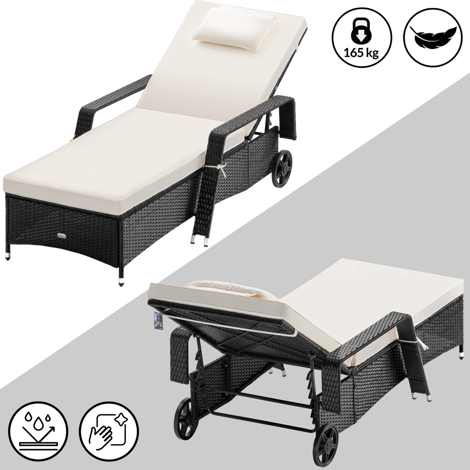 Polyrattan Sonnenliege Schwarz/Creme 193x90x43cm 6 Polyrattan Sonnenliege Schwarz/Creme 193x90x43cm – Bild 4