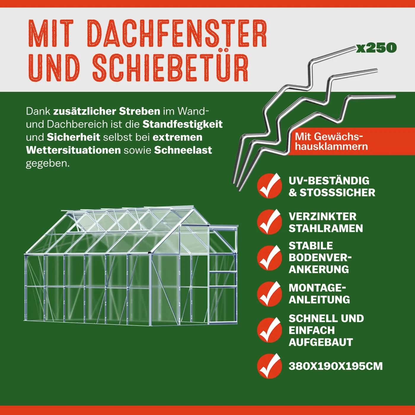 Alu Gewächshaus 380x190x195cm 4 Dachfenster 6 Alu Gewächshaus 380x190x195cm 4 Dachfenster – Bild 4
