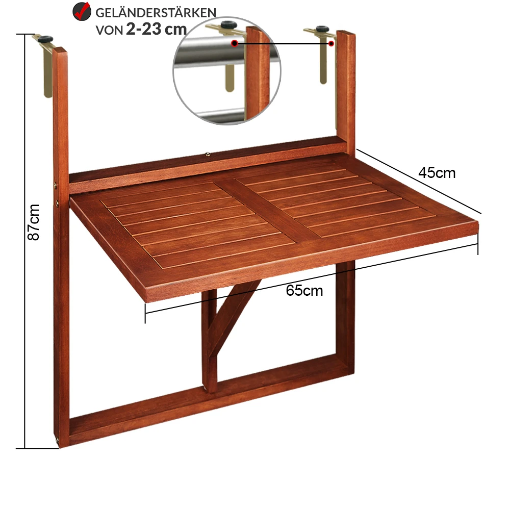 Balkonhängetisch Akazienholz 65x45x87cm FSC®-zertifiziert Klappbar 12 Balkonhängetisch Akazienholz 65x45x87cm FSC®-zertifiziert Klappbar – Bild 10