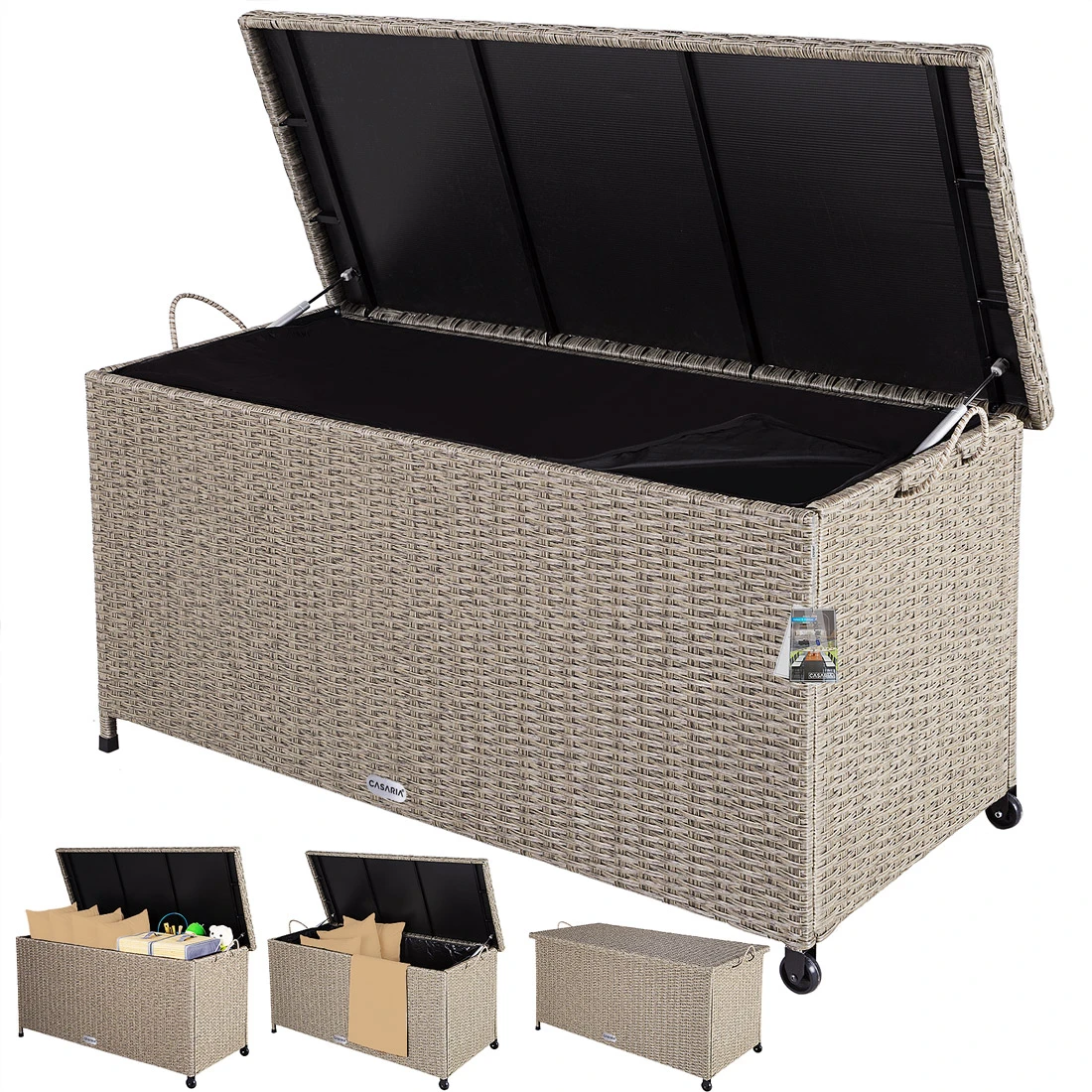 Polyrattan Auflagenbox Creme 122x56x61cm Rollen 11 Polyrattan Auflagenbox Creme 122x56x61cm Rollen – Bild 9