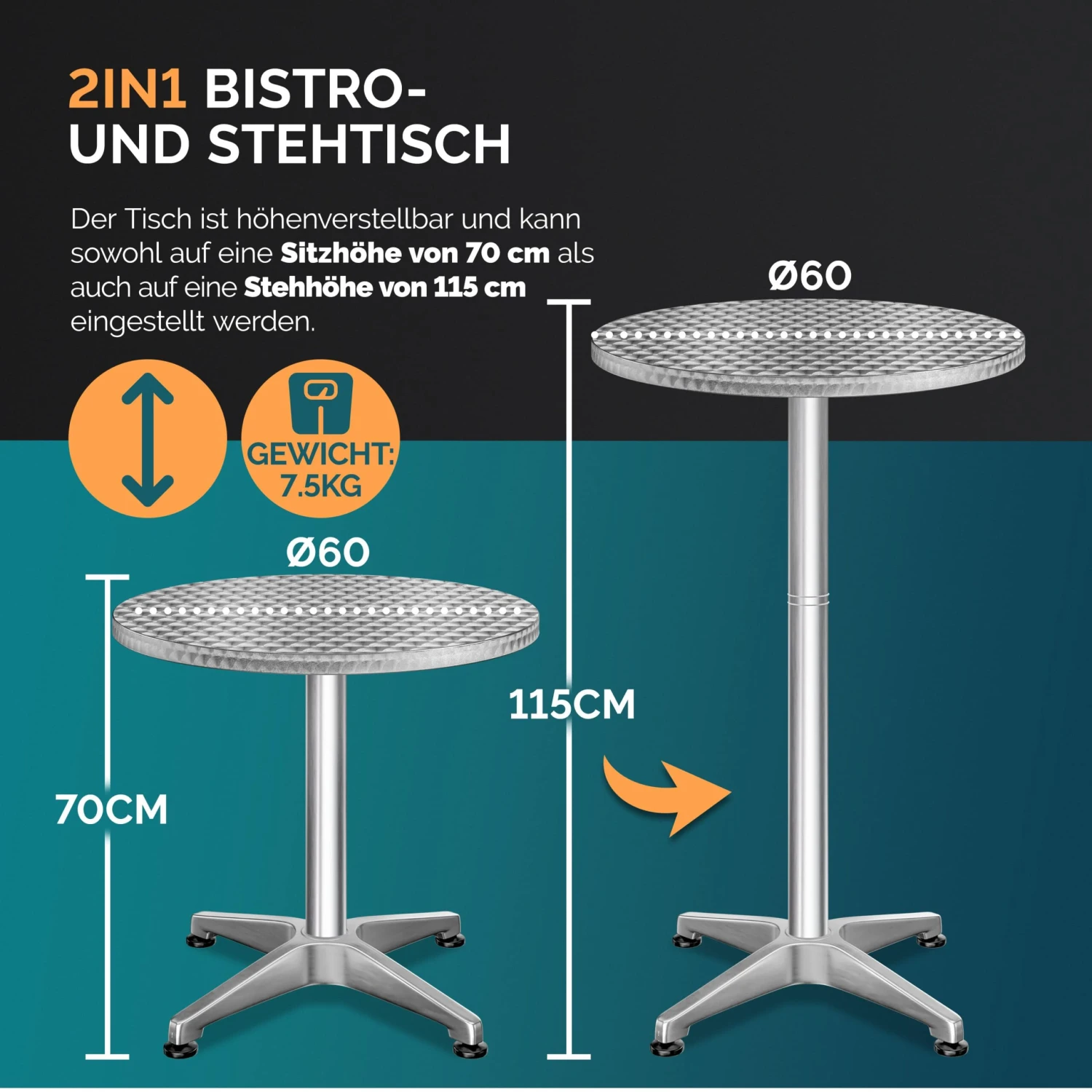 Stehtisch 2er-Set Silber Alu Ø60cm Höhenverstellbar 10 Stehtisch 2er-Set Silber Alu Ø60cm Höhenverstellbar – Bild 8