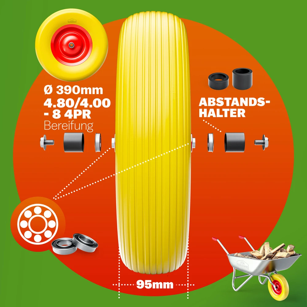 Schubkarrenrad Gelb PU-Schaum Inkl. Achse 6 Schubkarrenrad Gelb PU-Schaum Inkl. Achse – Bild 5