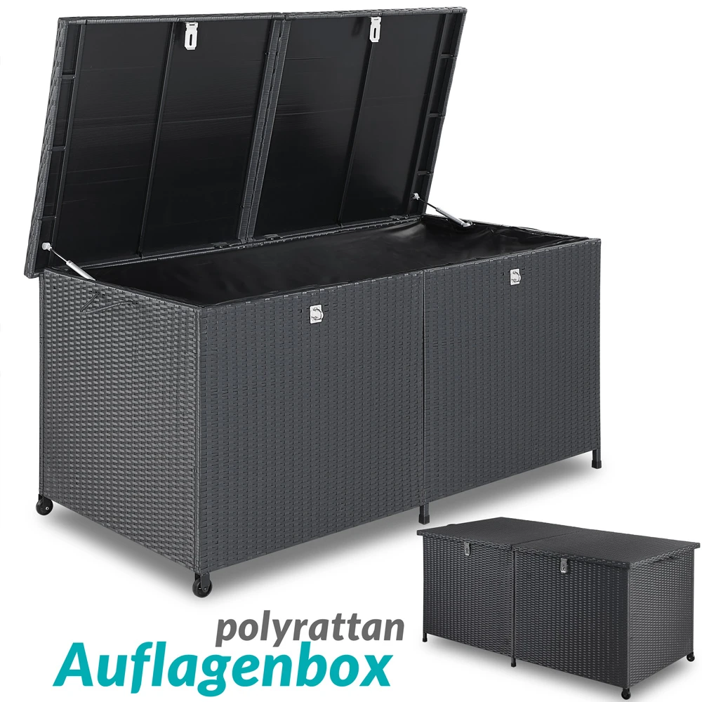 Polyrattan-Auflagenbox Schwarz 150x77x73cm Mit Rollen 4 Polyrattan-Auflagenbox Schwarz 150x77x73cm Mit Rollen – Bild 2