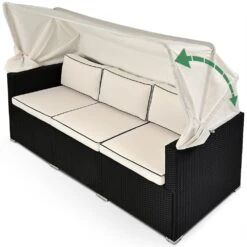 Polyrattan-Bank Schwarz/Creme 210x70x70cm + Sonnendach
