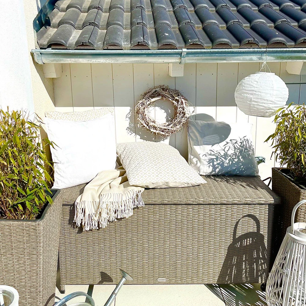 Polyrattan Auflagenbox Creme 122x56x61cm Rollen 6 Polyrattan Auflagenbox Creme 122x56x61cm Rollen – Bild 4