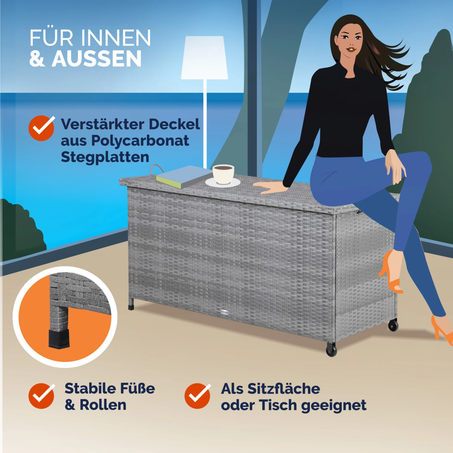 Polyrattan Auflagenbox Grau 122x56x61cm Mit Rollen 13 Polyrattan Auflagenbox Grau 122x56x61cm Mit Rollen – Bild 11