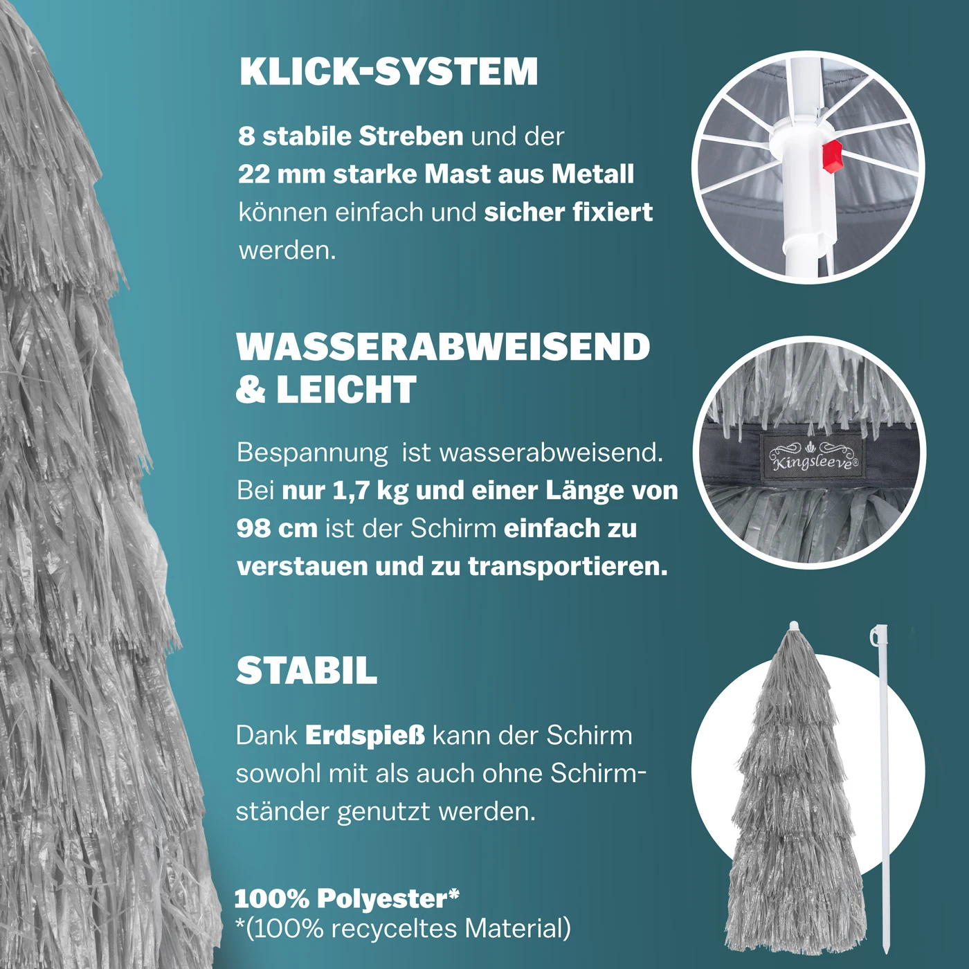 Sonnenschirm Hawaii Hellgrau Ø160cm UV-Schutz 30+ 6 Sonnenschirm Hawaii Hellgrau Ø160cm UV-Schutz 30+ – Bild 4