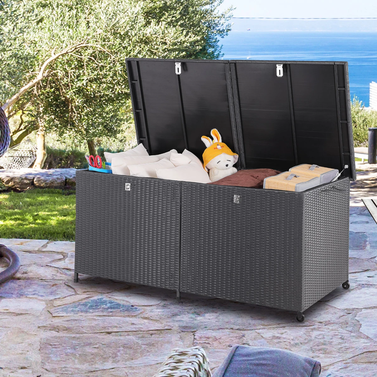 Polyrattan-Auflagenbox Schwarz 150x77x73cm Mit Rollen 3 Polyrattan-Auflagenbox Schwarz 150x77x73cm Mit Rollen