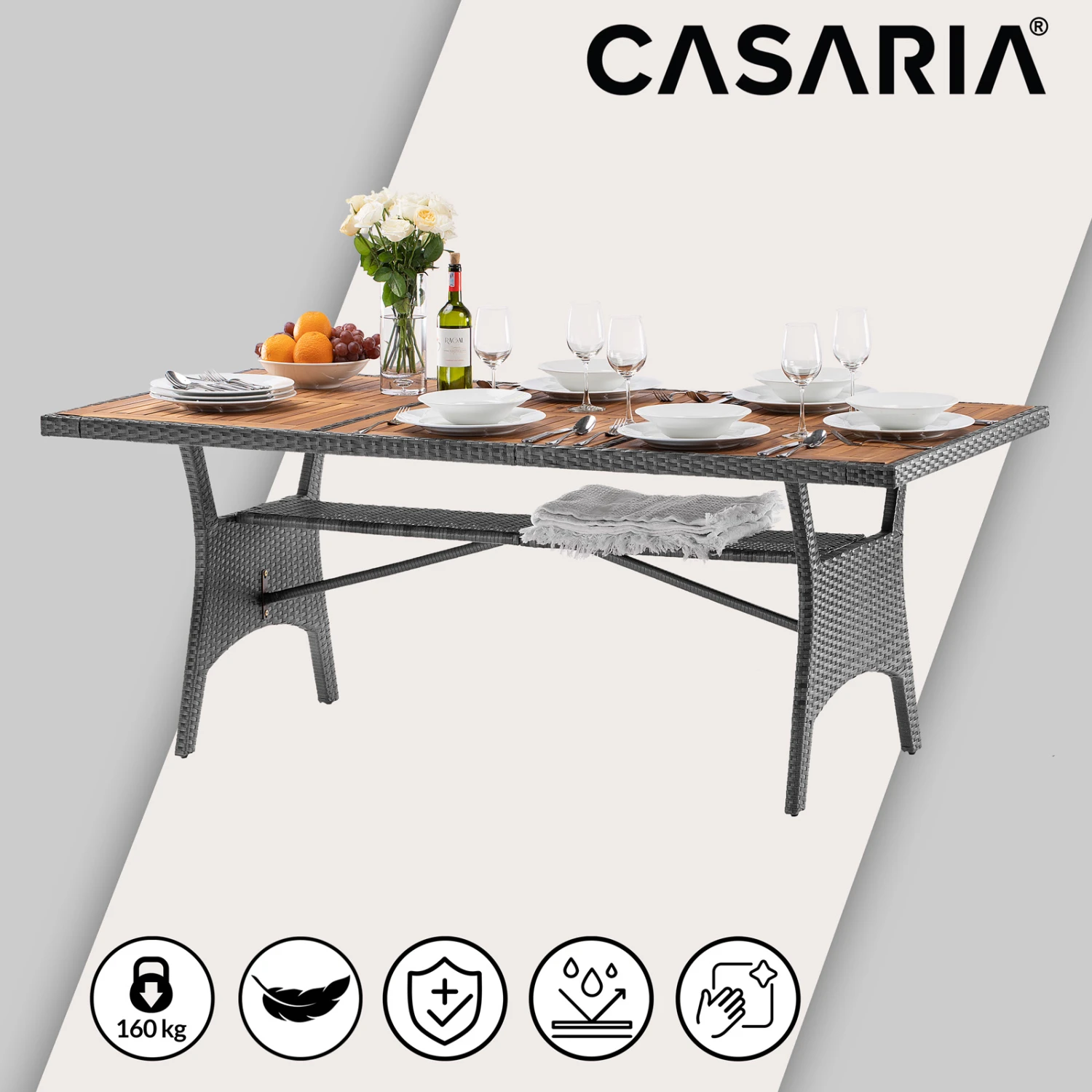 Polyrattan Gartentisch Takeo Grau 190x90x74cm Akazie 9 Polyrattan Gartentisch Takeo Grau 190x90x74cm Akazie – Bild 7