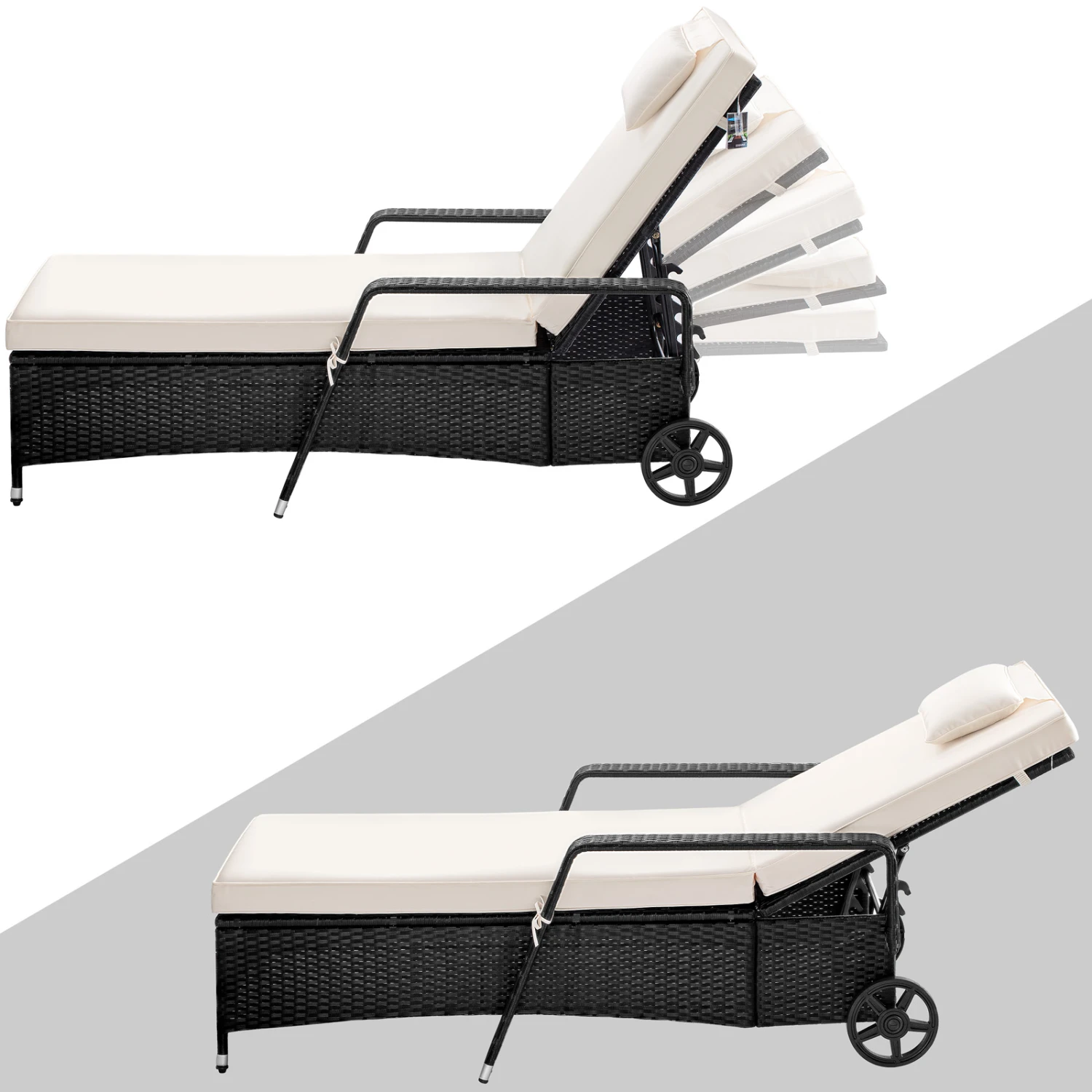 Polyrattan Sonnenliege Schwarz/Creme 193x90x43cm 10 Polyrattan Sonnenliege Schwarz/Creme 193x90x43cm – Bild 8