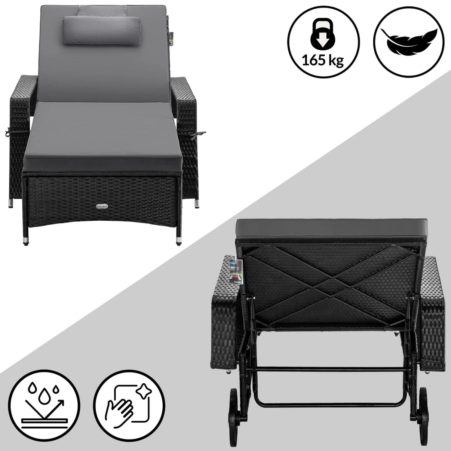 Polyrattan Sonnenliege Schwarz/Anthrazit 193x90x43cm 4 Polyrattan Sonnenliege Schwarz/Anthrazit 193x90x43cm – Bild 2