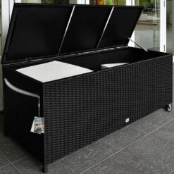 Polyrattan-Auflagenbox Schwarz 117,5x55x64,5cm Mit Rollen