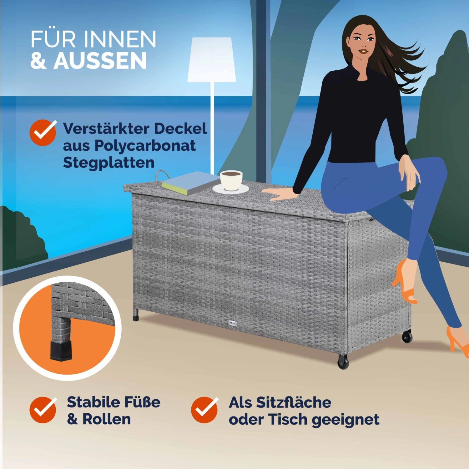 Polyrattan Auflagenbox Grau 122x56x61cm Mit Rollen 6 Polyrattan Auflagenbox Grau 122x56x61cm Mit Rollen – Bild 4