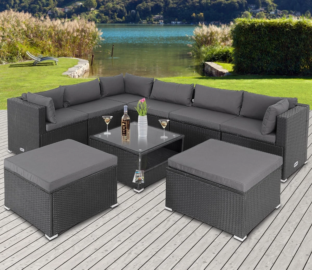 Polyrattan Ecklounge XXL Schwarz/Anthrazit Inkl. Kissen 4 Polyrattan Ecklounge XXL Schwarz/Anthrazit Inkl. Kissen – Bild 2