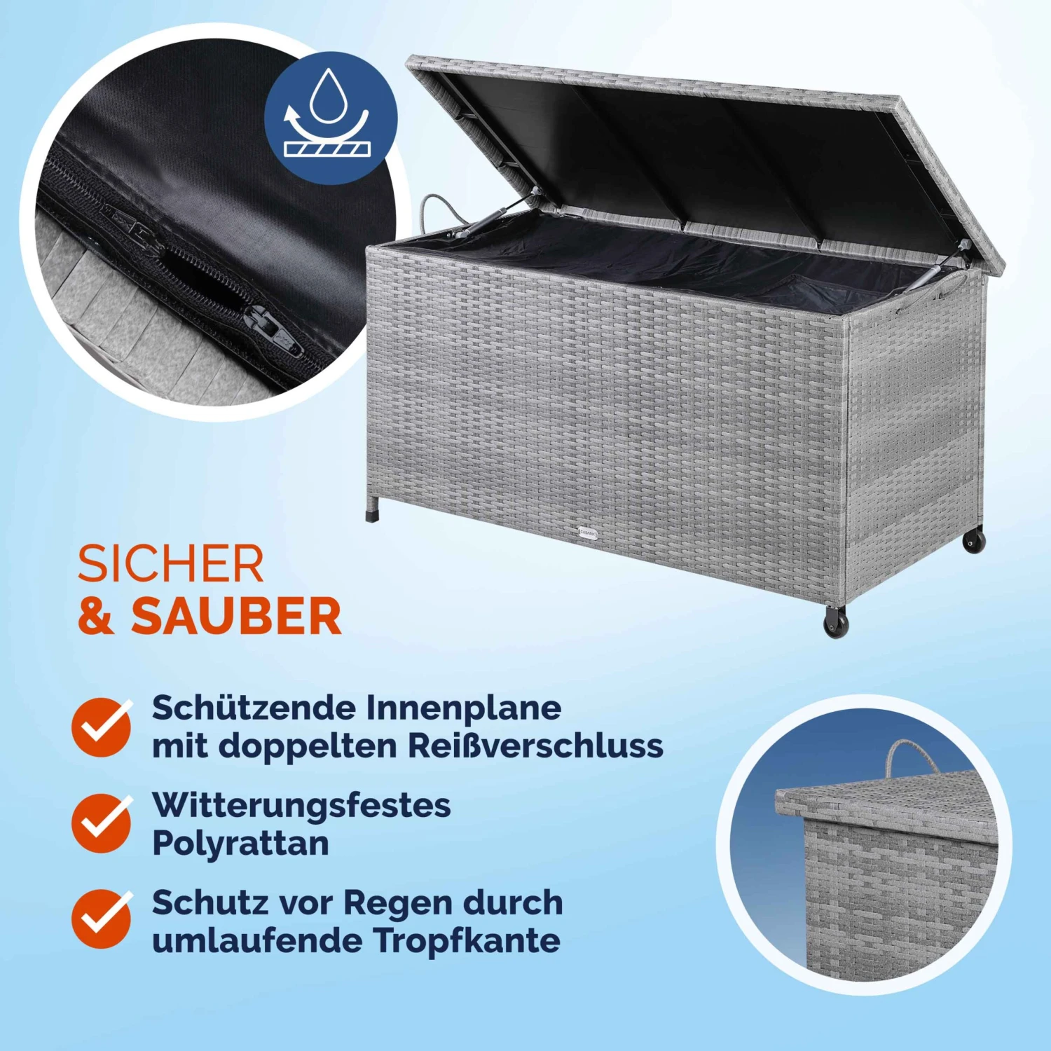 Polyrattan Auflagenbox Grau 122x56x61cm Mit Rollen 5 Polyrattan Auflagenbox Grau 122x56x61cm Mit Rollen – Bild 3